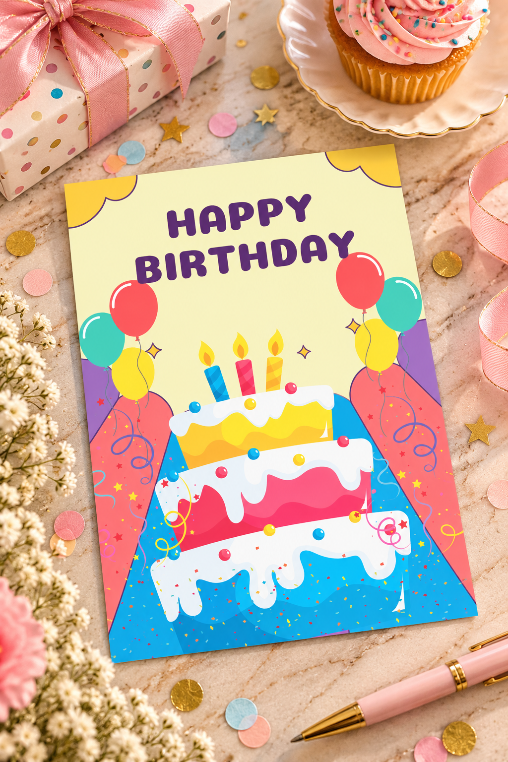 A colorful cartoon birthday greeting card featuring a giant three tiered birthday cake covered in frosting, sprinkles, and three glowing candles, flanked by red, teal, and yellow balloons with HAPPY BIRTHDAY written in bold purple letters across a pale yellow sky.