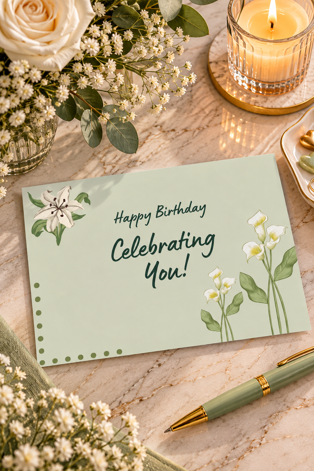 A serene sage green birthday greeting card decorated with elegant white lily and calla lily illustrations, featuring a stylish cursive message in the center that reads 'Happy Birthday Celebrating You!'.