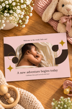 A cute pink newborn greeting card featuring a photo of a sleeping baby tucked under a white blanket, framed by modern geometric shapes and gold stars, with the text A new adventure begins today.