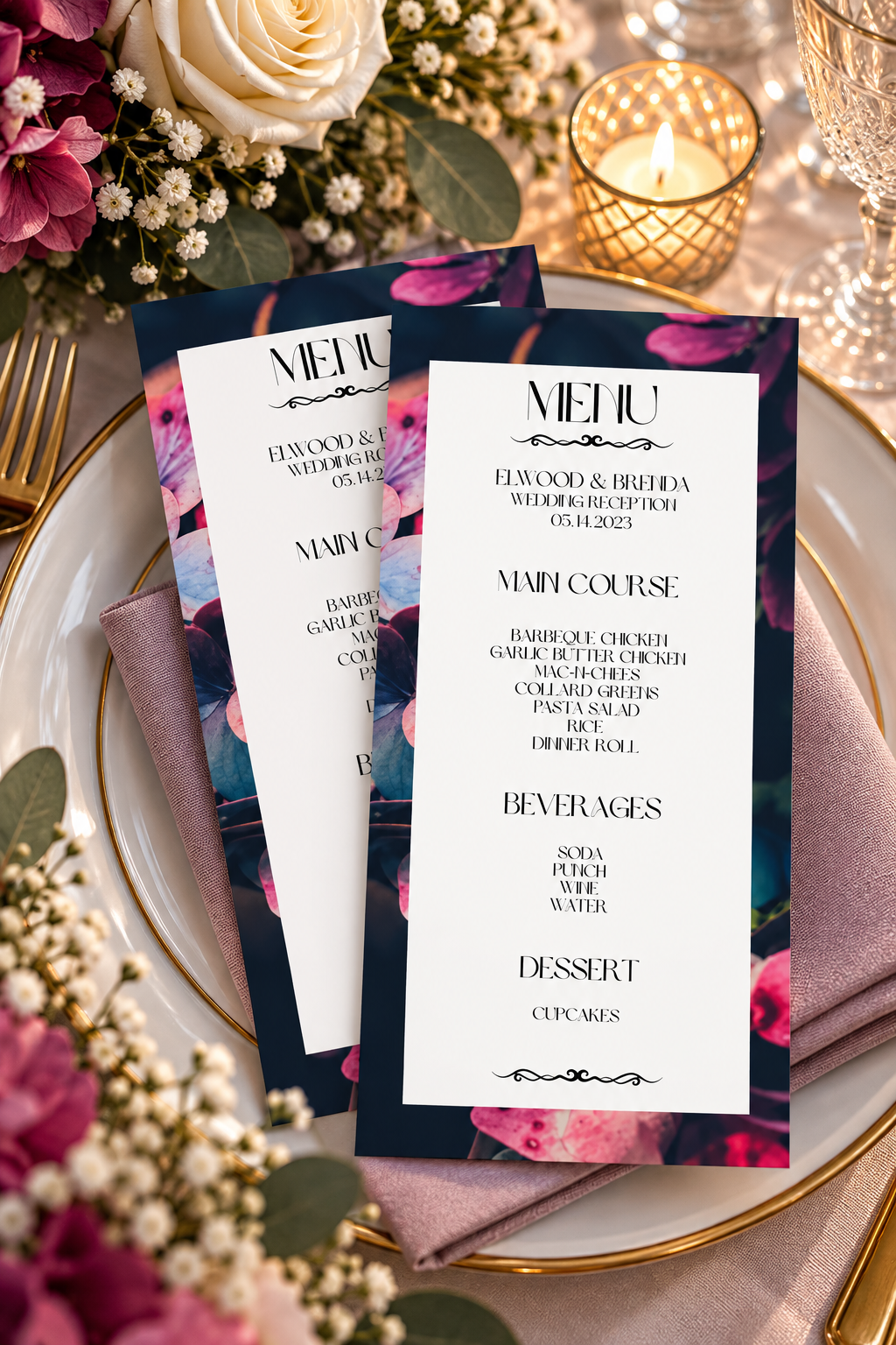 Two printable wedding reception menus featuring moody pink and purple floral backgrounds with elegant black typography.