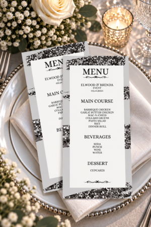 Printable event menu with sparkling black and silver glitter accents, white center panel, and elegant black lettering on a plate.