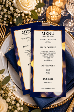 Two printable event menus featuring navy blue backgrounds, golden bokeh lights, and metallic gold borders on a white dinner plate.