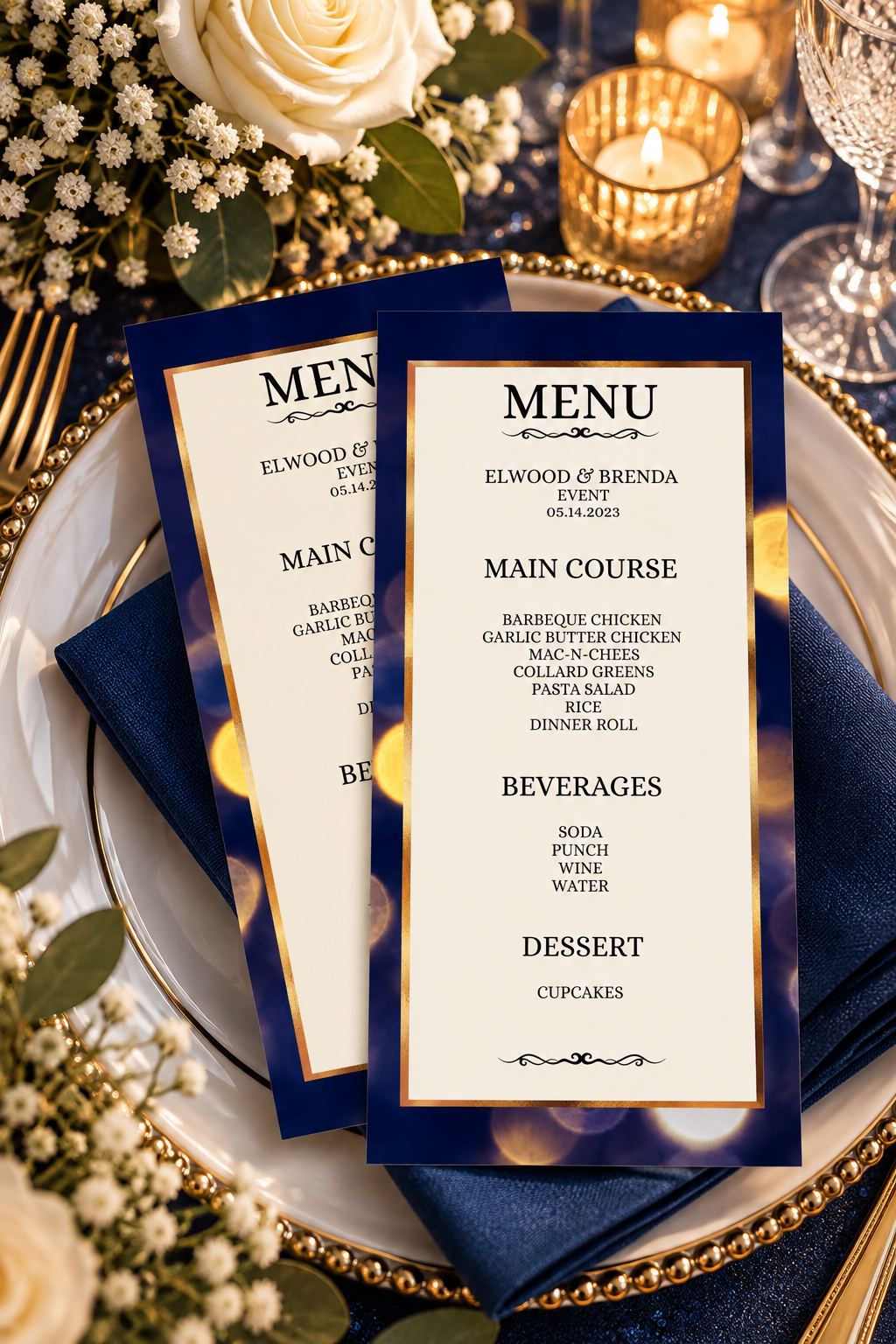 Two printable event menus featuring navy blue backgrounds, golden bokeh lights, and metallic gold borders on a white dinner plate.
