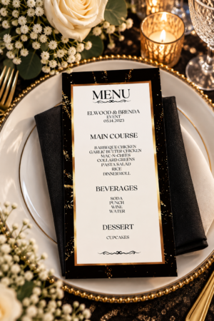 Elegant printable event menu featuring a black background with shimmering gold sparkles, a gold border, and black typography.