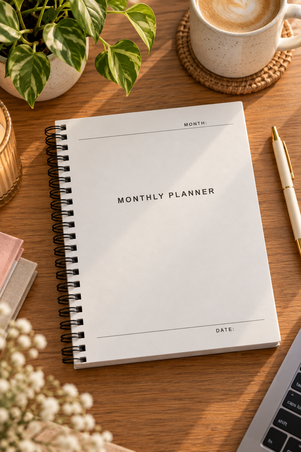 A spiral bound notebook page with a minimalist white design layout. The center features the text "MONTHLY PLANNER" printed in a clean, spaced out uppercase sans serif font. The page is bordered by two thin horizontal black lines, the top line features a blank fillable space labeled "MONTH" on the right, and the bottom line features a blank fillable space labeled "DATE" on the right.