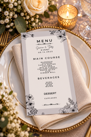 Two printable wedding event menus featuring black floral line art, light gray borders, and elegant typography on a white dinner plate.