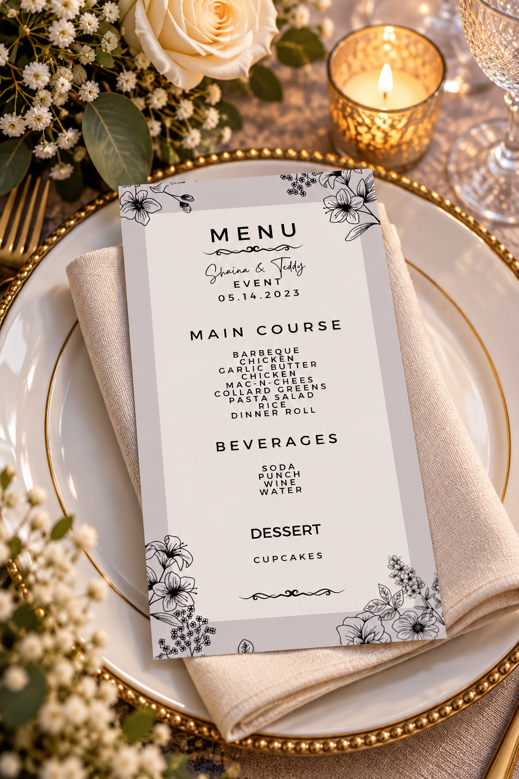 Two printable wedding event menus featuring black floral line art, light gray borders, and elegant typography on a white dinner plate.