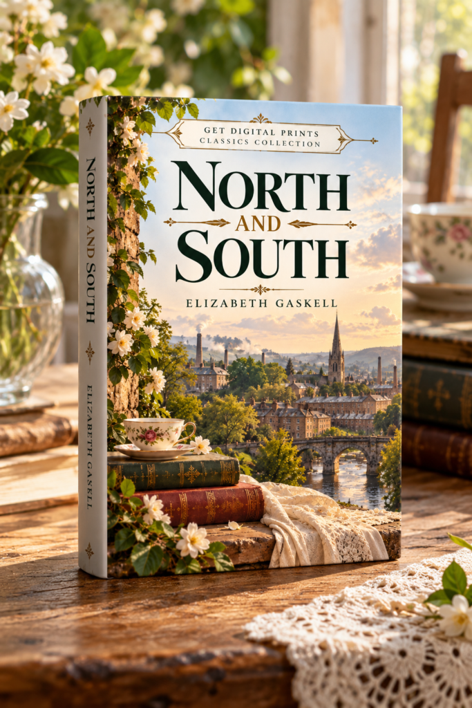 North and South by Elizabeth Gaskell, elegant illustrated Regency era book cover for the Get Digital Prints Classics Collection.