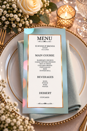 Printable event menu featuring soft pastel blue and multicolored bokeh lights, a metallic gold border, and elegant black typography.