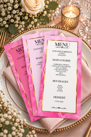 Three printable event menus featuring vibrant pink and blush backgrounds, metallic gold borders, and elegant black typography.