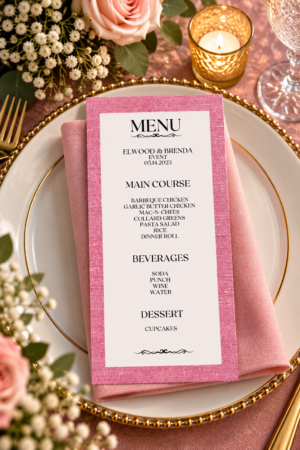 Printable wedding event menu featuring a textured pink border, white center panel, and elegant black lettering on a dinner plate.