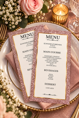 Two printable wedding event menus featuring sparkling rose gold glitter backgrounds, gold borders, and elegant black typography.