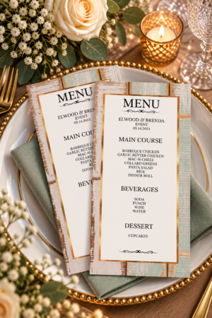 Two printable wedding event menus featuring rustic pastel wood plank backgrounds, gold borders, and classic black typography.