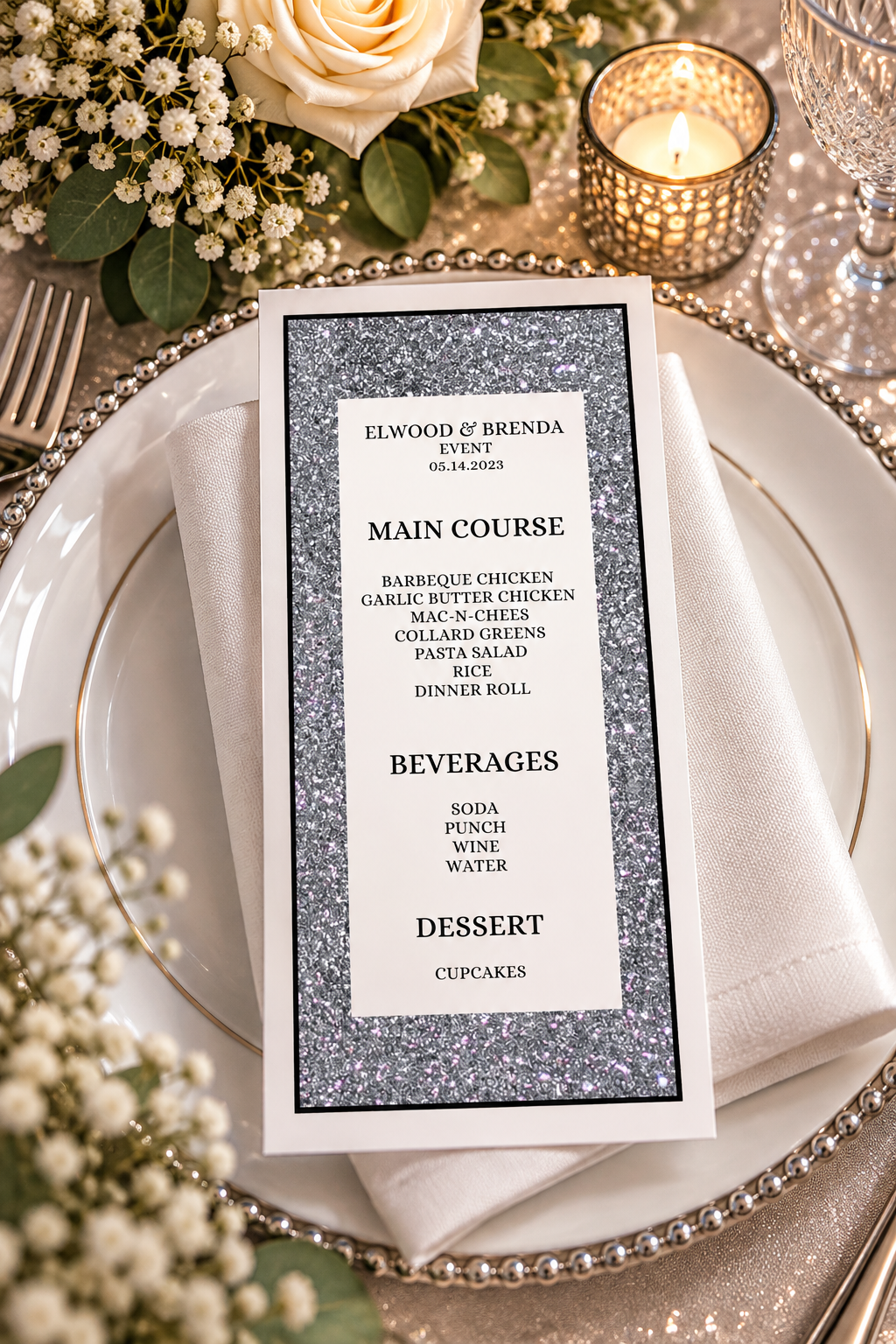 Printable event menu featuring a sparkling silver glitter background, black border, and classic black typography on a white plate.
