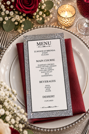 Two silver glitter printable event menus displayed on a decorative table with a red napkin, silver cutlery, and purple glass.