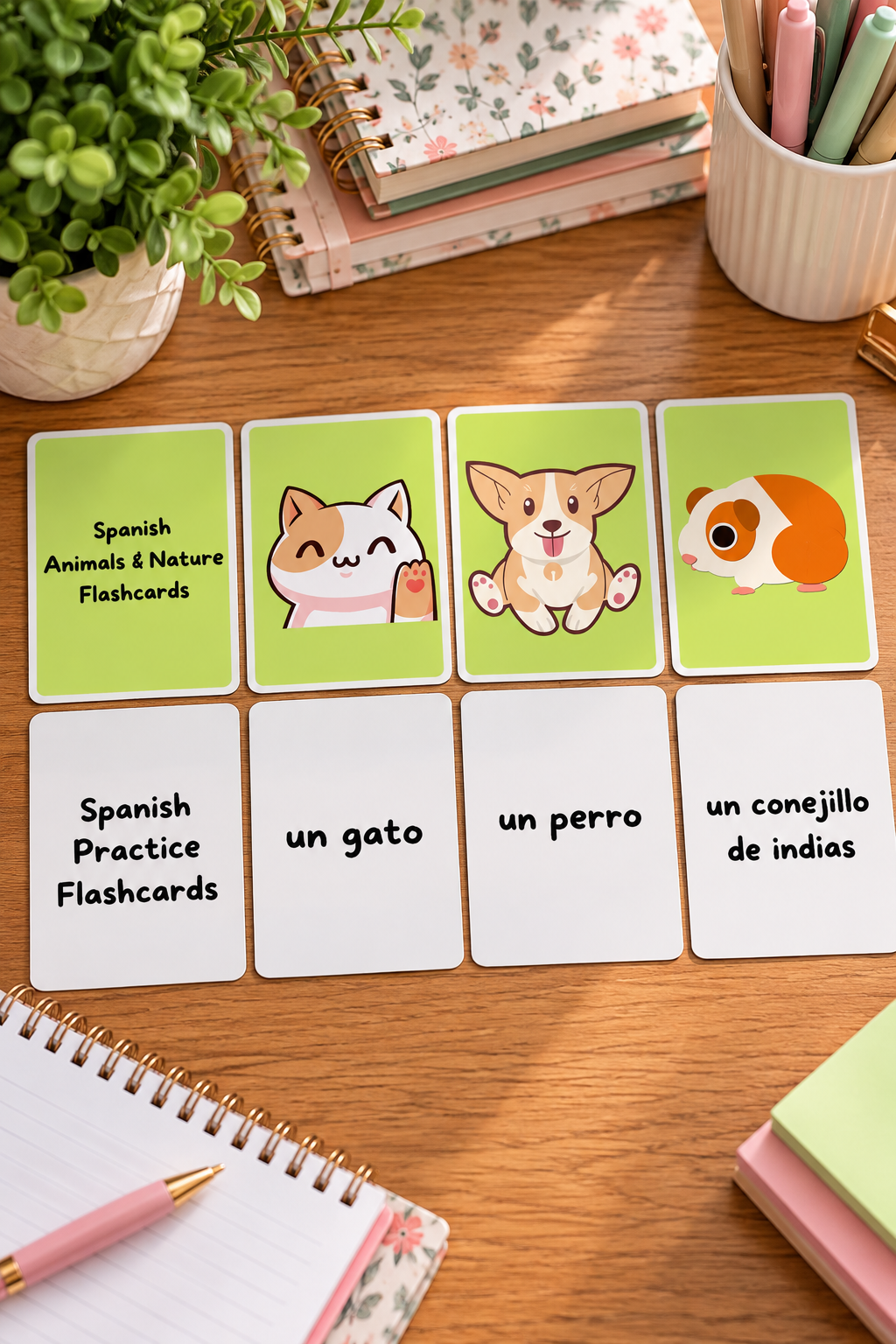 A top down photo of eight educational flashcards arranged on a wooden desk with a spiral notepad and floral planners. The top row features light green cards displaying cute cartoon animals like a waving cat, a happy Corgi puppy, and an orange guinea pig, while the matching bottom row consists of white practice cards with the Spanish words un gato, un perro, and un conejillo de indias.