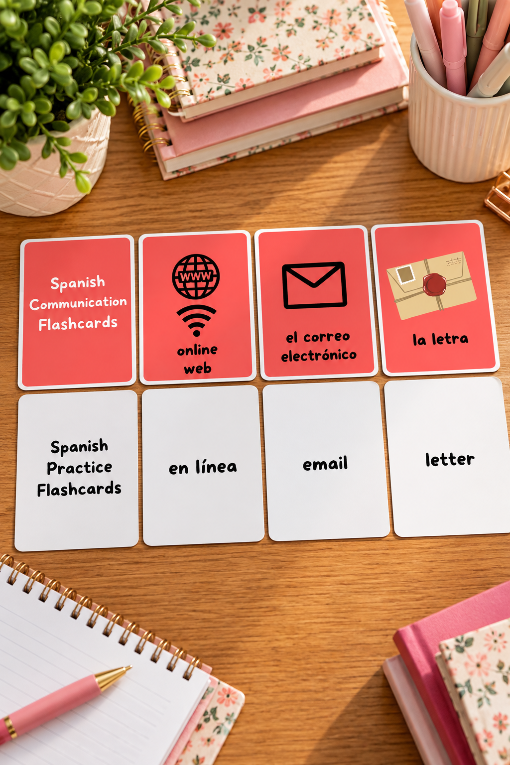 A top down photo of eight educational flashcards laid out horizontally on a wood table next to open notebooks and pens. The top row features red cards displaying digital and traditional communication icons with text labels like online web, el correo electrónico, and la letra, while the matching bottom row consists of white practice cards with the English equivalents en línea, email, and letter.