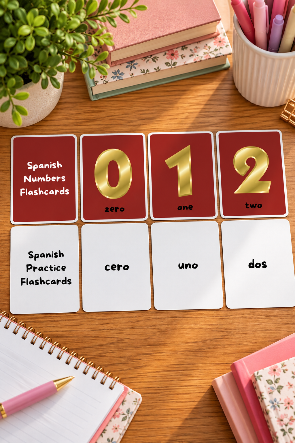 A flat lay photo of eight educational flashcards arranged on a wooden desk near open notebooks and a pen holder. The top row features dark red cards displaying bold golden numbers 0, 1, and 2 with small English labels, while the matching bottom row consists of white practice cards with the written Spanish words cero, uno, and dos.