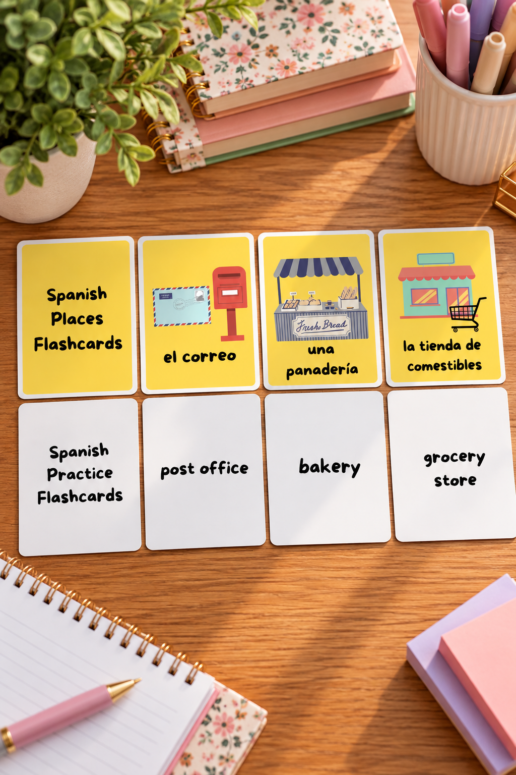 A flat lay photo of eight educational flashcards arranged on a wooden desk alongside notebooks and a pink pen. The top row features bright yellow cards with cute cartoon illustrations of a mailbox, a bakery stand, and a grocery store with a shopping cart, labeled el correo, una panadería, and la tienda de comestibles, while the bottom row features matching white practice cards with the English words post office, bakery, and grocery store.