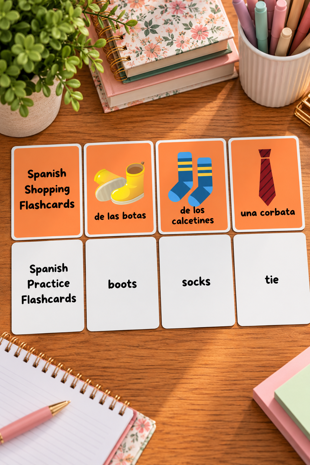 A flat lay photo of eight educational flashcards laid out horizontally on a smooth wooden desk next to floral notebooks and pens. The top row features bright orange cards displaying cartoon drawings of yellow rain boots, blue striped socks, and a red striped tie labeled de las botas, de los calcetines, and una corbata, while the matching bottom row consists of white practice cards with the English words boots, socks, and tie.