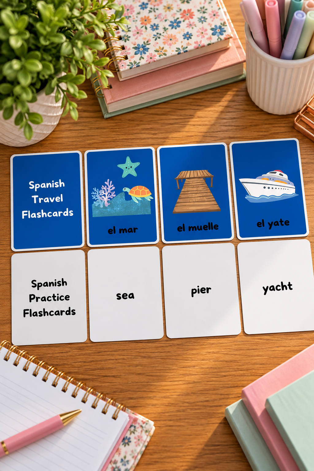 A top down photo of eight educational flashcards laid out horizontally on a wooden table near open notebooks and a pen cup. The top row features deep blue cards displaying ocean illustrations like a sea turtle with coral, a wooden pier, and a yacht labeled el mar, el muelle, and el yate, while the matching bottom row consists of white practice cards with the English words sea, pier, and yacht.