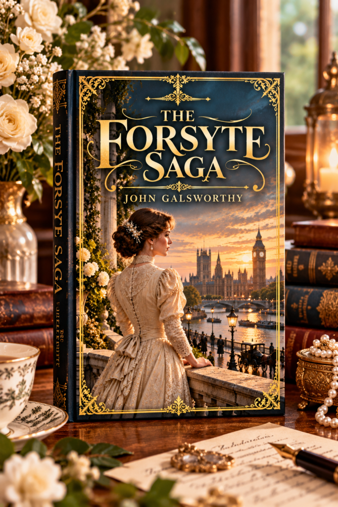The Forsyte Saga by John Galsworthy, elegant illustrated book cover for the Get Digital Prints Classics Collection.