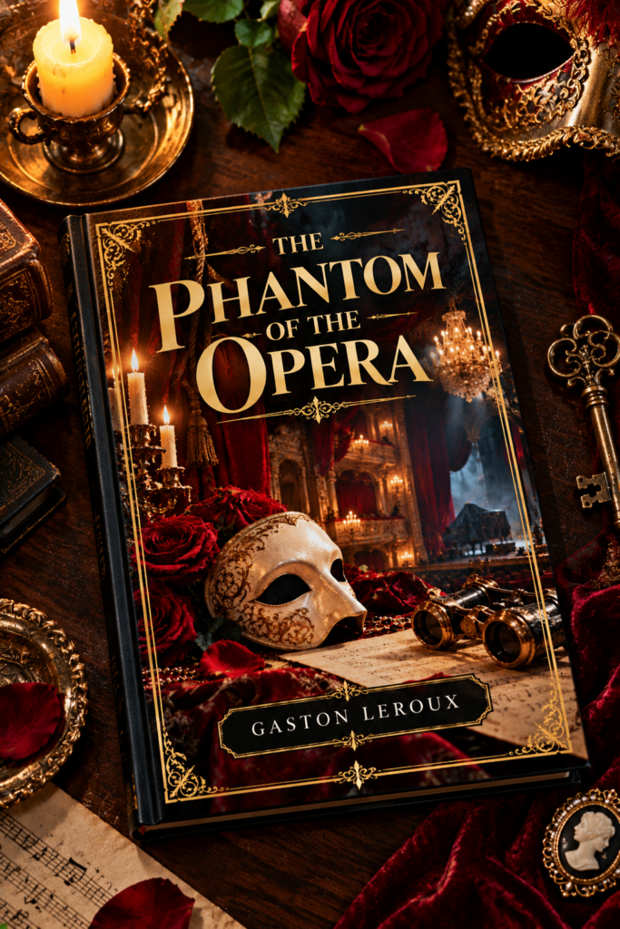 The Phatom of The Opera by Gaston Leroux, elegant illustrated book cover for the Get Digital Prints Classics Collection.
