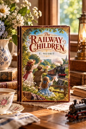 The Railway Children by E. Nesbit, elegant illustrated book cover for the Get Digital Prints Classics Collection.
