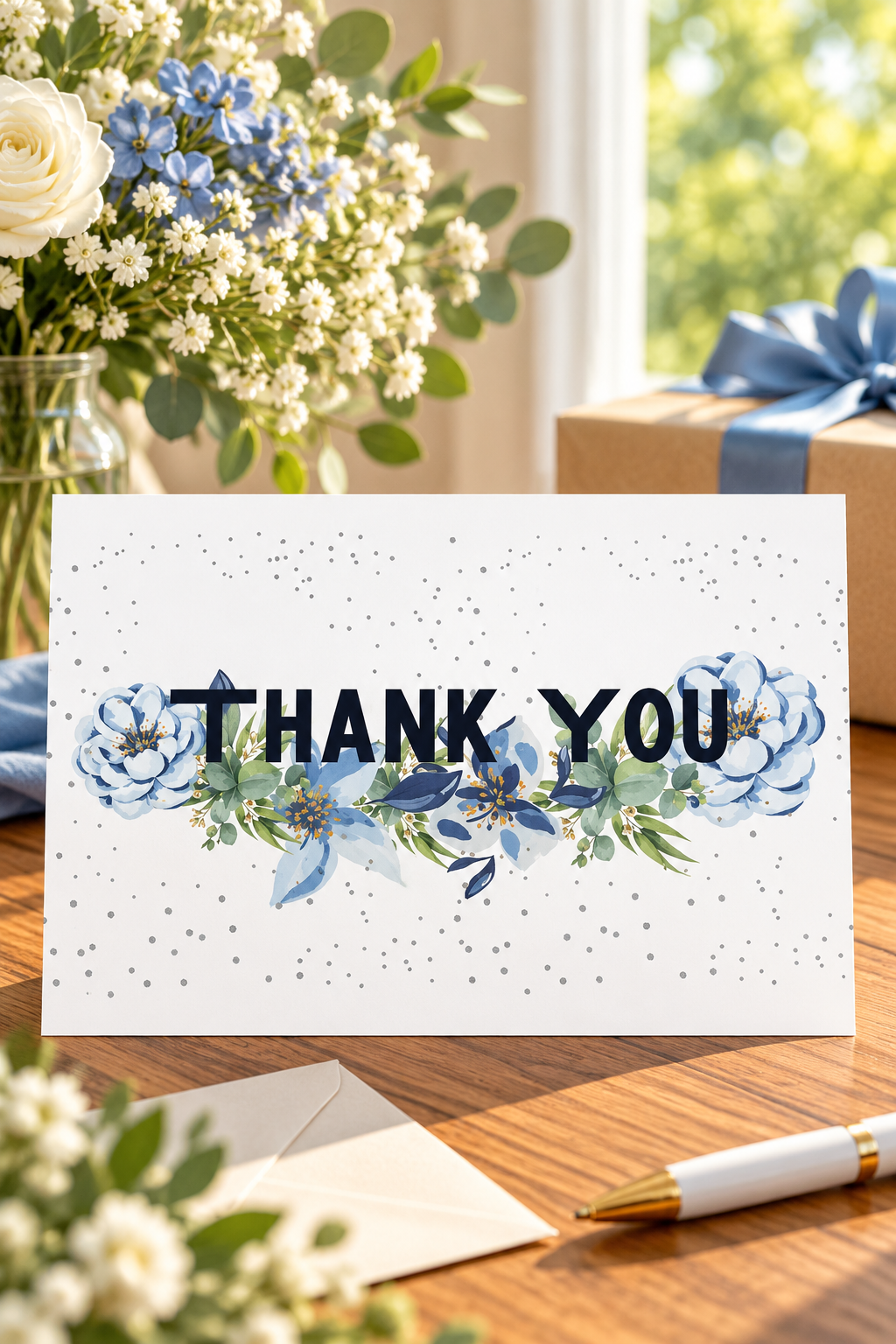 blue blossom elegant floral appreciation card sitting on a decorative desk.