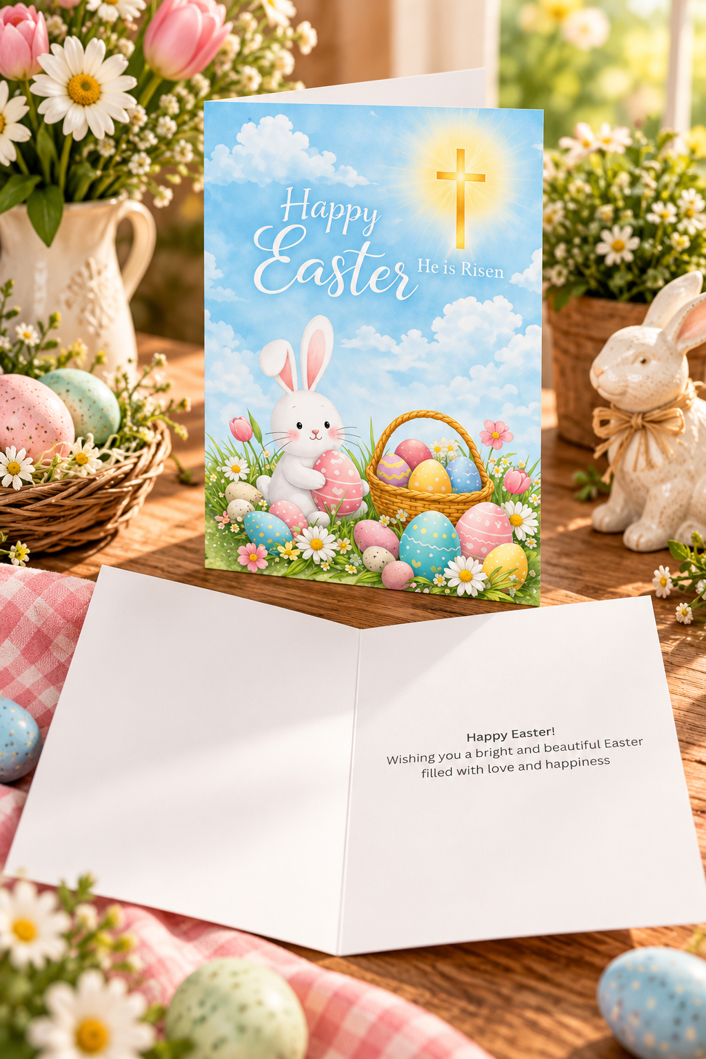 A sweet Easter greeting card featuring a cute white cartoon bunny sitting in a grassy field of daisies, holding a pink Easter egg next to a woven basket filled with colorful eggs, under a sunny blue sky with a glowing cross and text reading 'Happy Easter, He is Risen'.