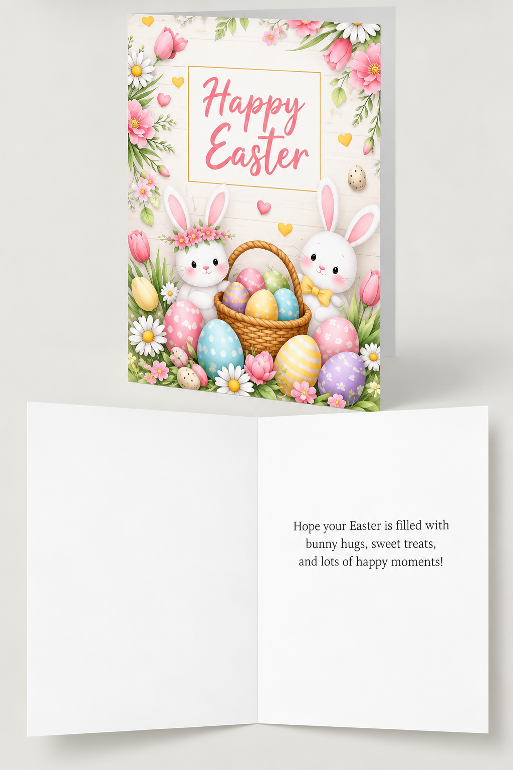 A cute watercolor Easter greeting card featuring two white bunnies, one wearing a pink flower crown and the other a yellow bow tie, sitting next to a woven egg basket in a field of pink flowers and daisies under a 'Happy Easter' sign.