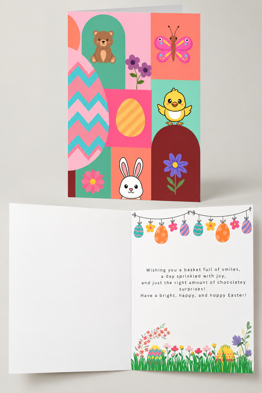 A colorful patchwork style Easter greeting card designed with a geometric block layout featuring a cartoon bunny, a baby chick, a teddy bear, a butterfly, patterned Easter eggs, and bright spring flowers.