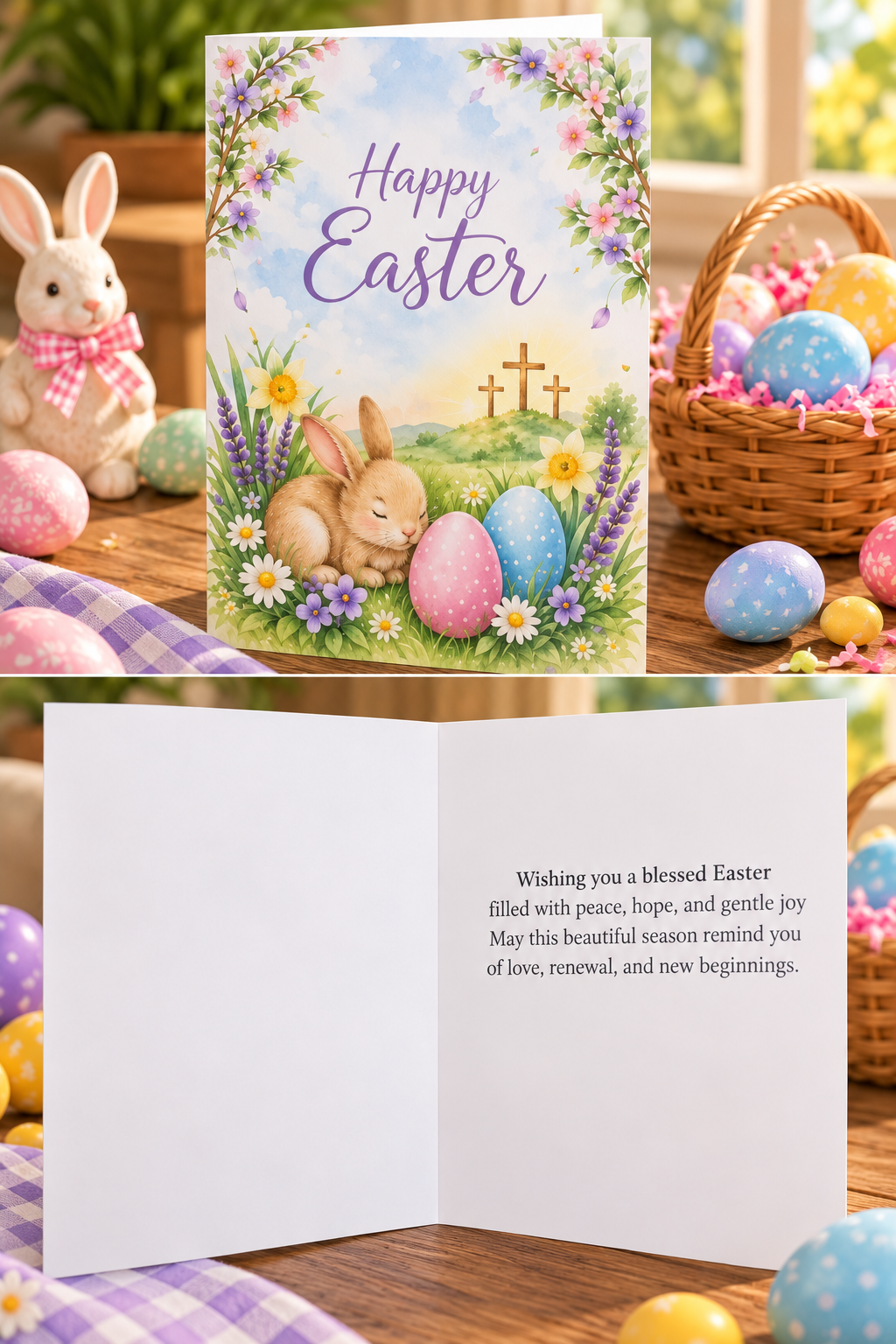 A gentle watercolor Easter greeting card featuring a sleeping brown bunny nestled in a patch of purple wildflowers and daisies next to pastel eggs, with the three crosses of Calvary on a distant hill under a 'Happy Easter' message.
