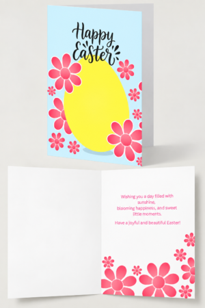 A bright light blue Easter greeting card featuring a large, vibrant yellow Easter egg centerpiece surrounded by various sizes of cheerful pink daisy flowers, topped with black cursive typography reading 'Happy Easter'.
