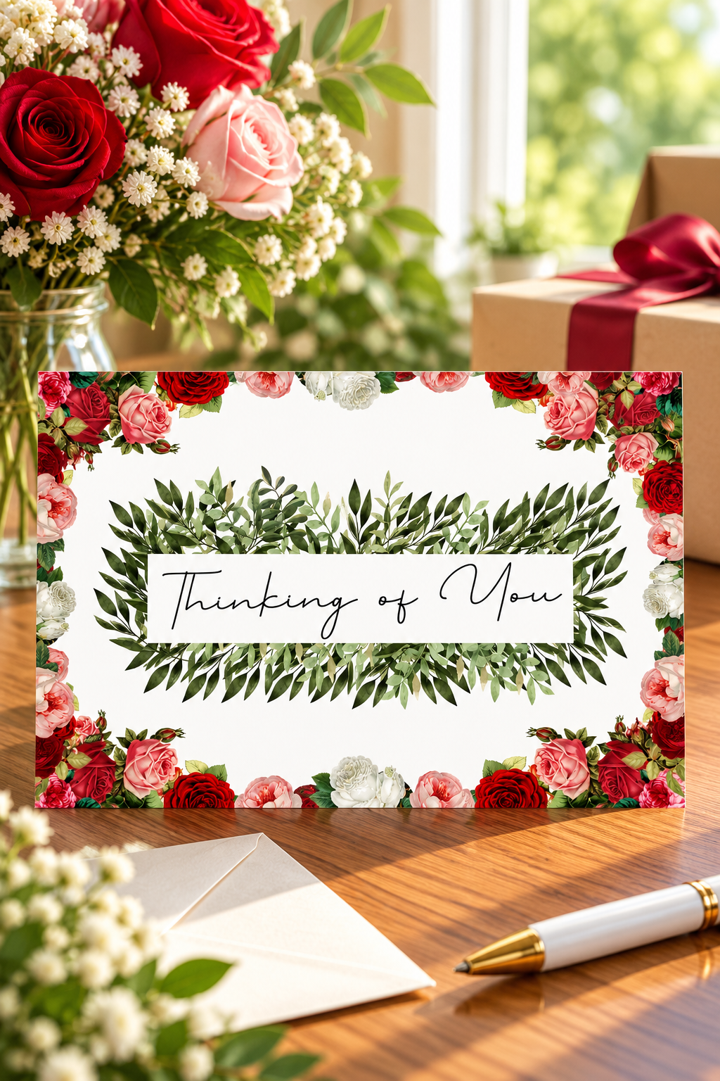 This beautiful 7×5-inch printable card features romantic red and blush roses, delicate white blossoms, and lush greenery surrounding a graceful Thinking of You message.