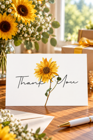 tall sunflower with a long stem with the words Thank you across the center of the card. Featuring a radiant golden yellow sunflower, delicate greenery, and elegant black script lettering, this charming botanical design captures the warmth and joy of heartfelt appreciation. Its clean white background and vibrant floral details create a timeless, nature inspired look that is both sophisticated and inviting.