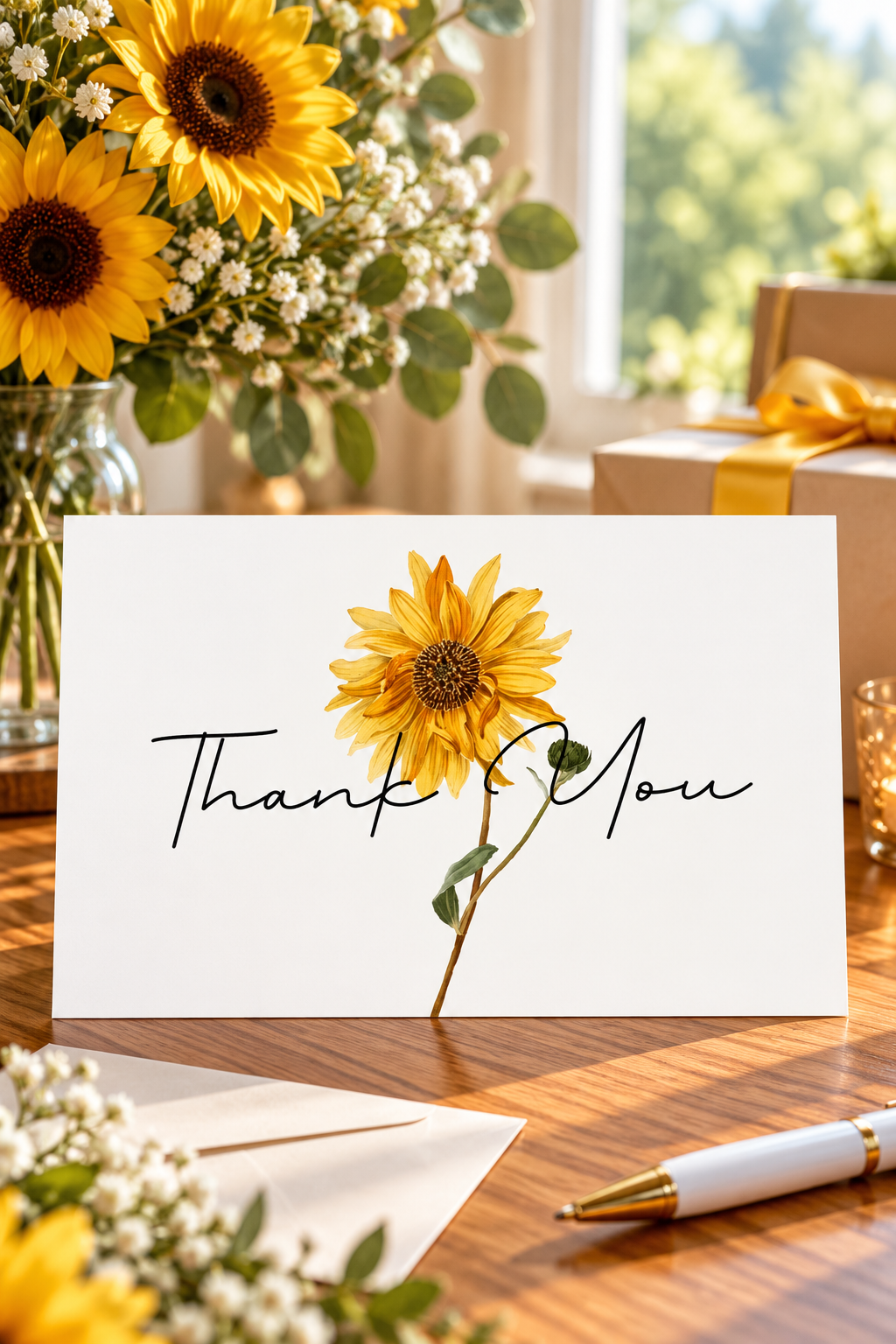 tall sunflower with a long stem with the words Thank you across the center of the card. Featuring a radiant golden yellow sunflower, delicate greenery, and elegant black script lettering, this charming botanical design captures the warmth and joy of heartfelt appreciation. Its clean white background and vibrant floral details create a timeless, nature inspired look that is both sophisticated and inviting.