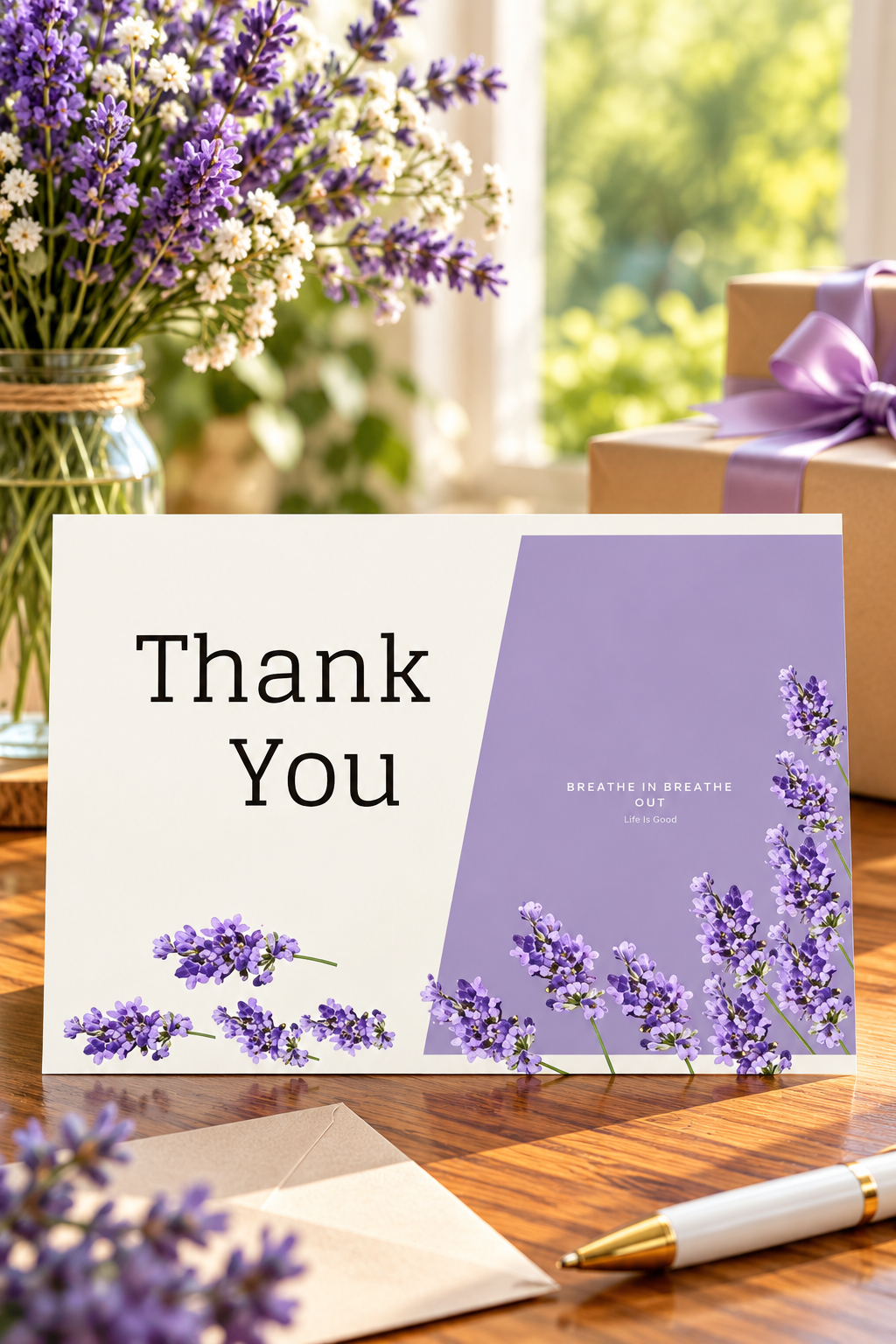 Featuring a sophisticated combination of soft ivory, lavender purple, and delicate botanical accents, this modern floral design offers a beautiful balance of simplicity and charm. Elegant black typography and graceful lavender blossoms create a timeless look that makes every thank you message feel special.