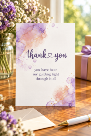 a splash of purple and gold decor with the words thank you in the center with a heartfelt message. Card is laying on a decorative table.