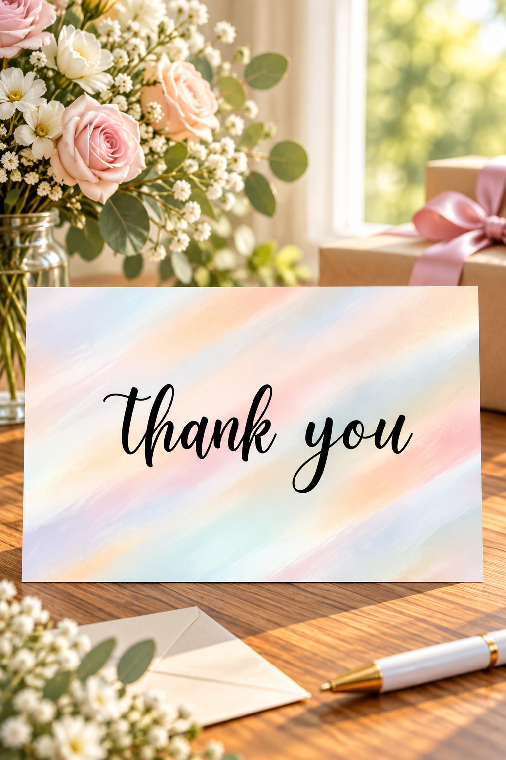 Featuring a beautiful ombre blend of blush pink, peach, lavender, and pale blue, this minimalist design creates a delicate, sophisticated look. Elegant black script lettering adds a timeless finishing touch, making this card a lovely way to share heartfelt appreciation.