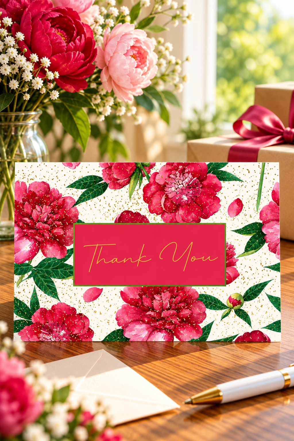 featuring vibrant pink and deep red watercolor peonies, lush green foliage, and delicate gold accents.