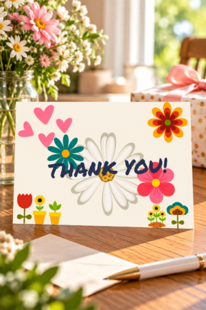 playful floral thank you card with colorful flowers on a tan card that says thank you! in bold letters laying on a decorative desk.