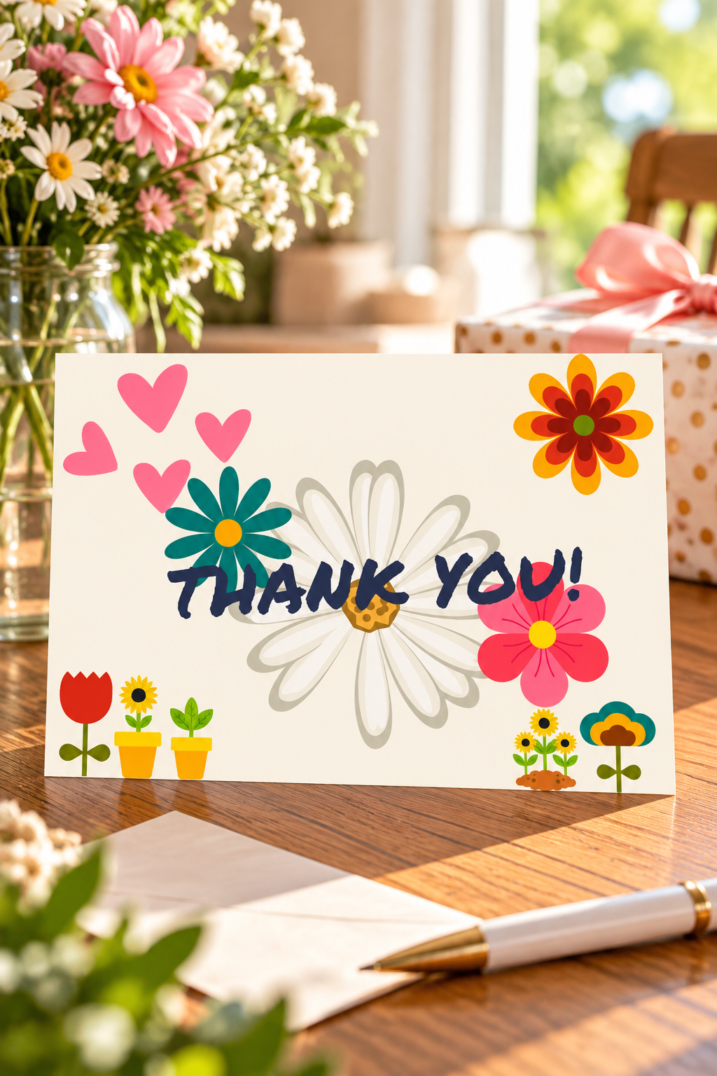 playful floral thank you card with colorful flowers on a tan card that says thank you! in bold letters laying on a decorative desk.