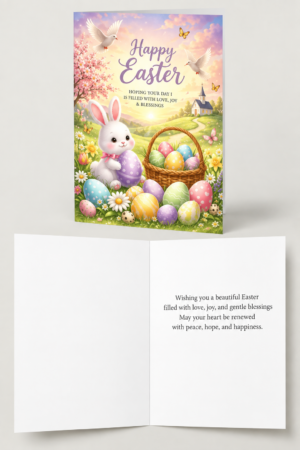 A beautiful watercolor Easter greeting card showing a cute white bunny holding a purple egg next to a full woven basket in a wildflower field, with white doves and a country church under a sunrise sky.