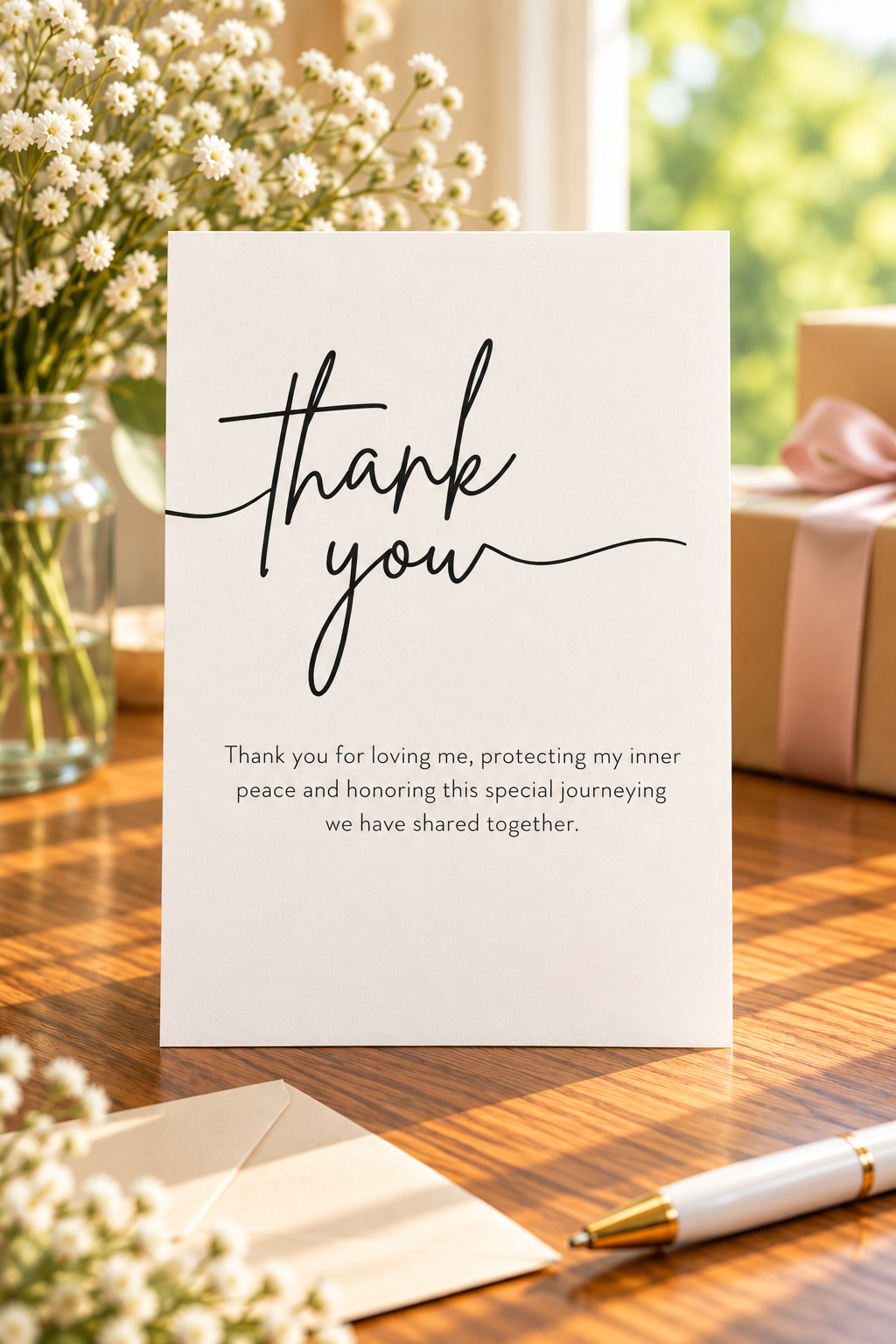 Soft cream design with a elegant thank you script card.