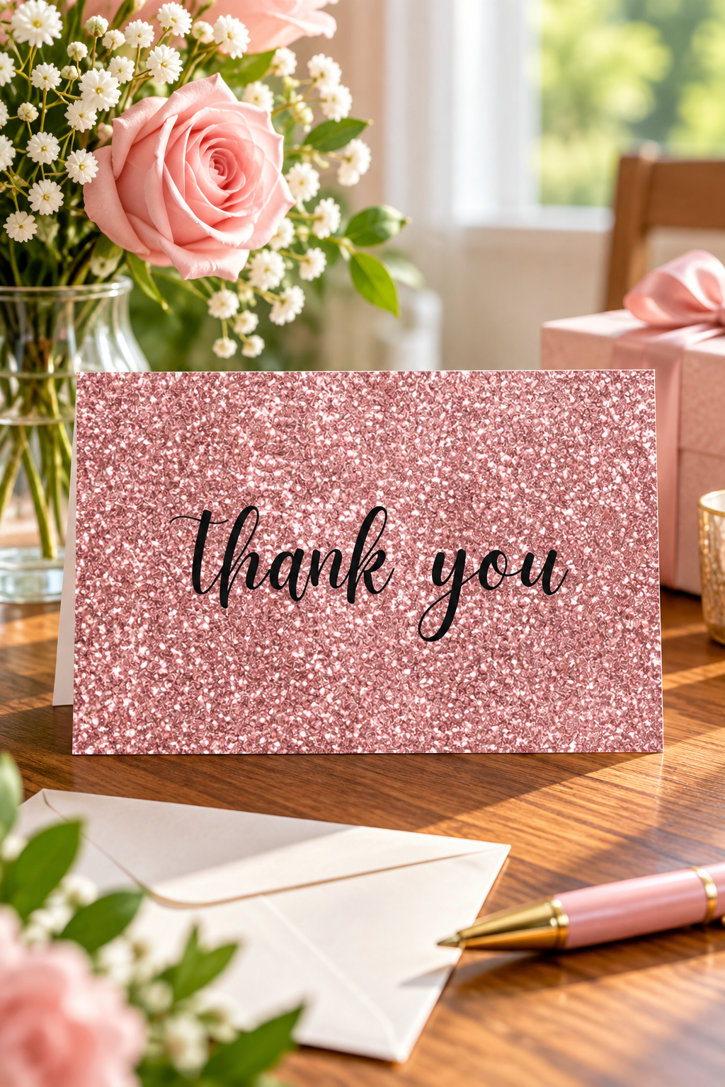 rose sparkle thank you glam glitter card with bold black thank you letters.
