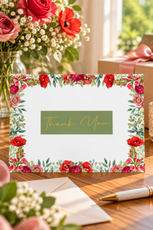 a beautifully designed 7x5-inch horizontal card featuring vibrant red poppies, delicate wildflowers, and lush greenery arranged in an elegant floral border. A soft sage green centerpiece with graceful gold “Thank You” lettering.