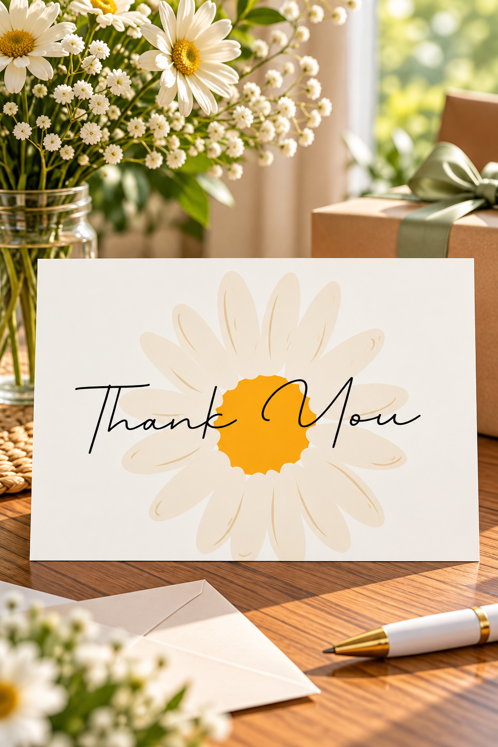 a charming 7x5 inch horizontal design featuring a delicate white daisy with a cheerful golden yellow center and elegant black handwritten Thank You lettering.