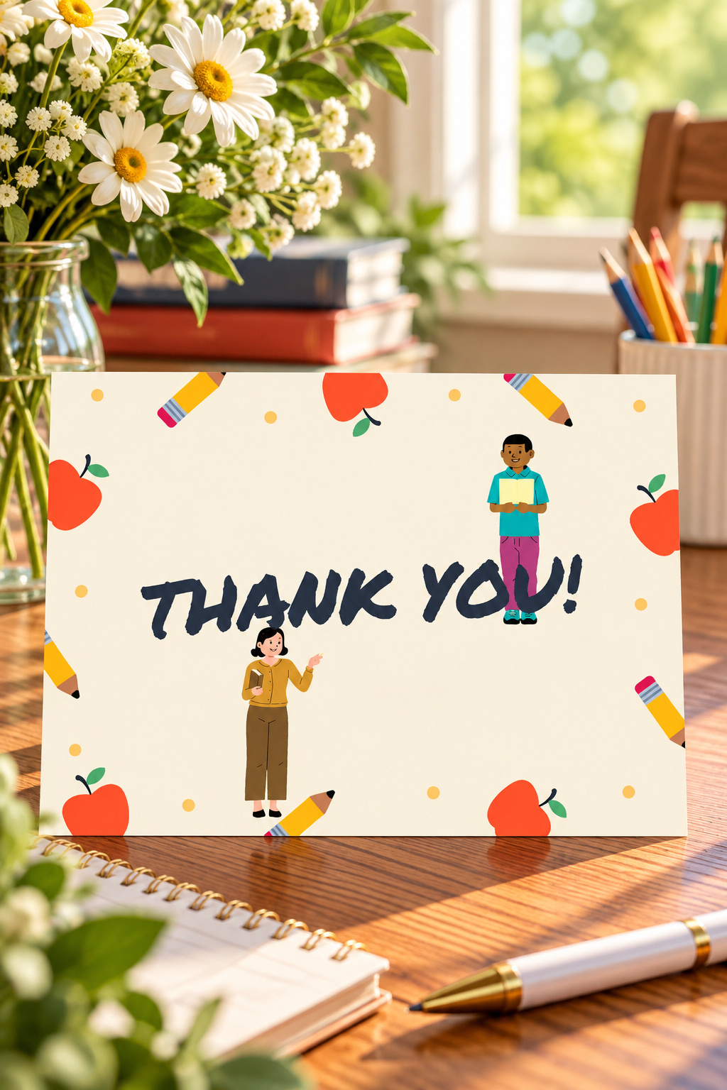 a cheerful 7x5-inch horizontal card featuring colorful classroom inspired illustrations, including playful pencils, bright red apples, and charming teacher and student characters. Bold “Thank You!” lettering adds a fun and heartfelt touch to this delightful design.