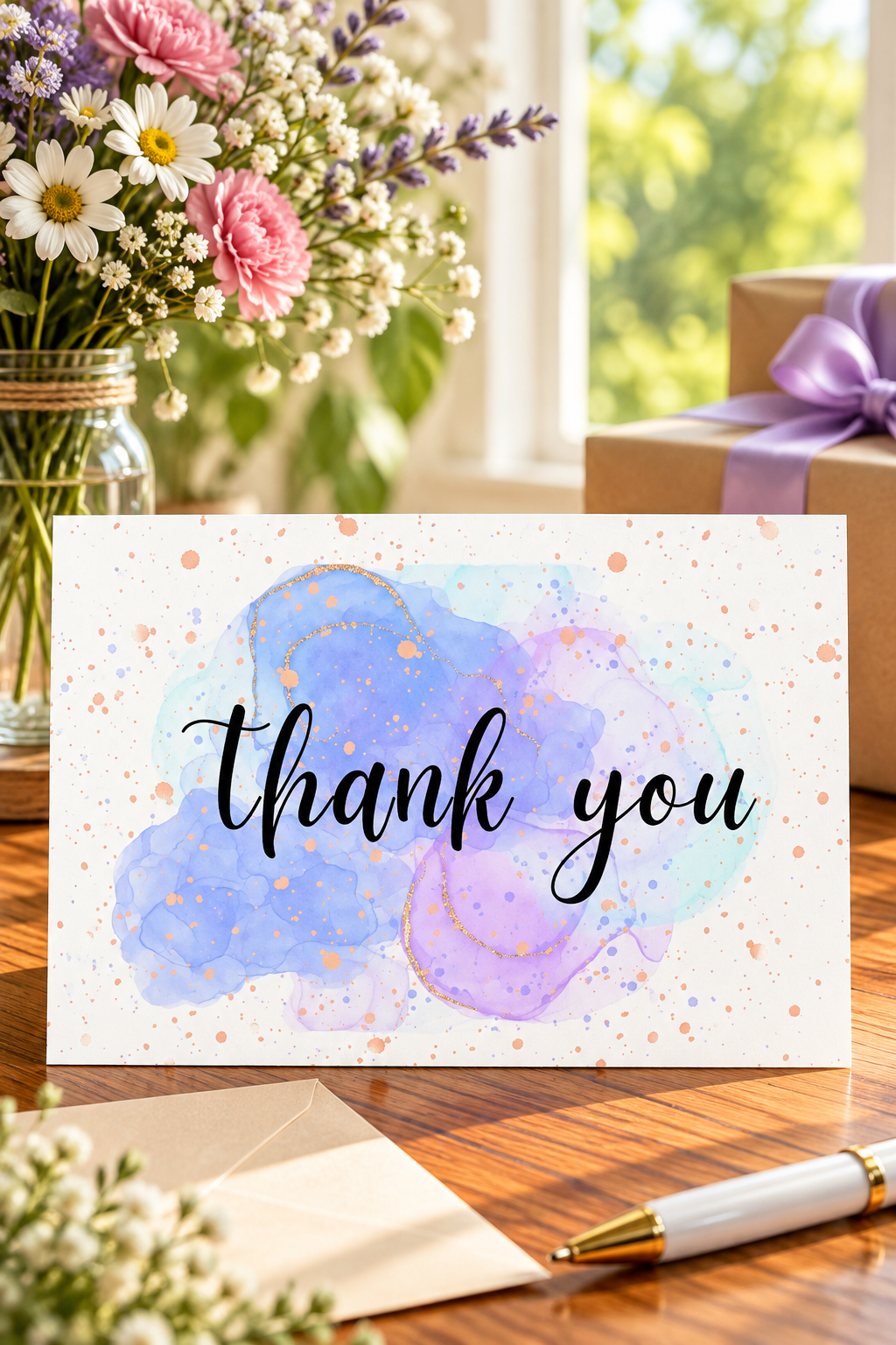 a beautifully designed 7x5-inch horizontal card featuring dreamy violet, lavender, and soft blue watercolor splashes accented with delicate rose gold inspired speckles.